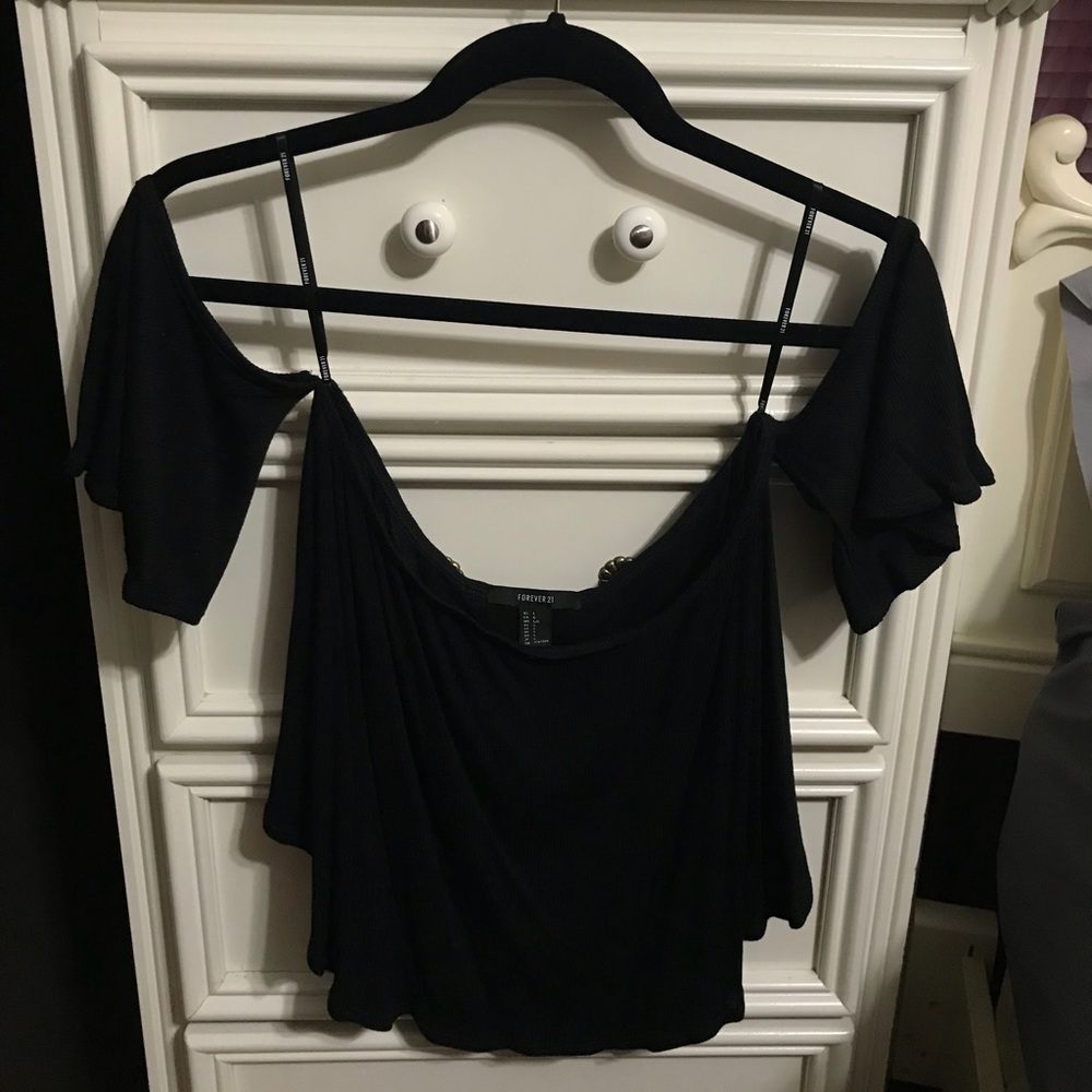 F21: Off the Shoulder Crop Top with Faux Sleeves